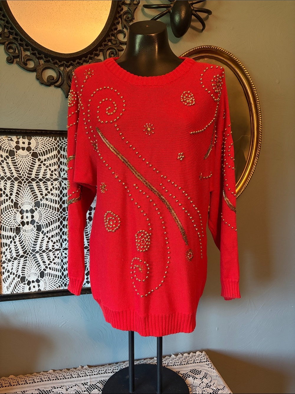 1980’s Victoria Harbour Women's Red Crewneck Sweater with Metallic Stud Accents